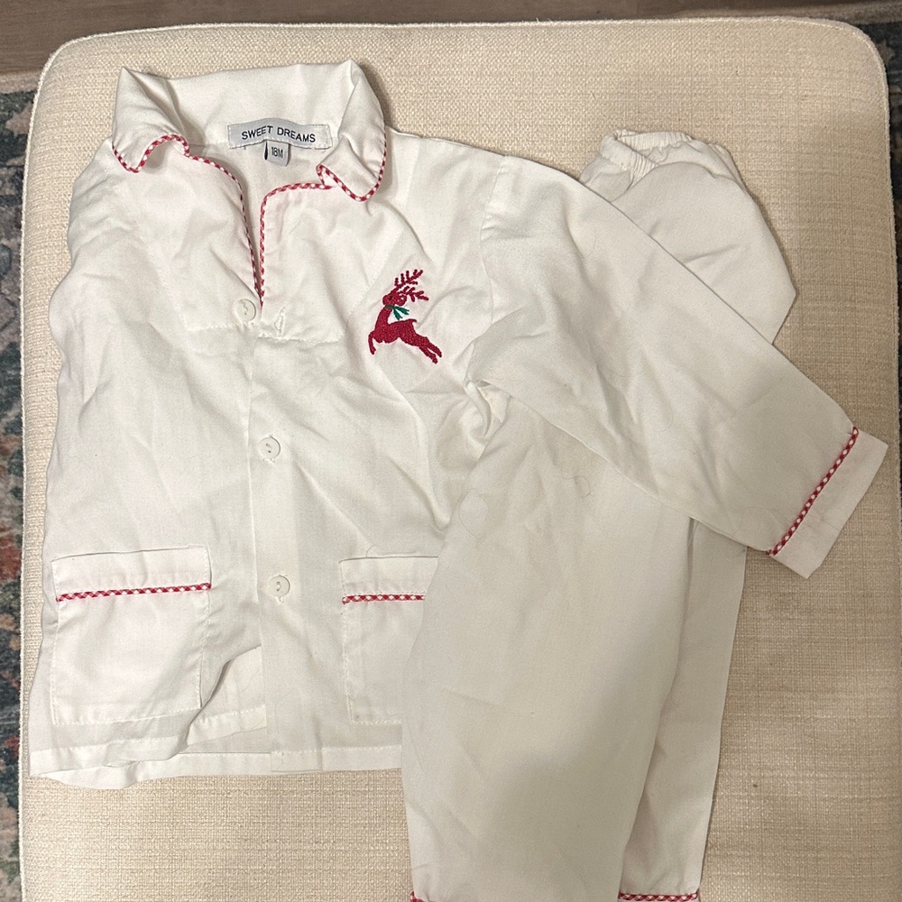 Sweet Dreams White Pajama Set with Red Reindeer Accent